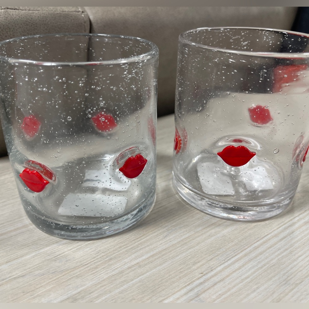 Red Lips 💋Embedded Heavyweight Double Old Fashioned Glasses set of 2 NEW